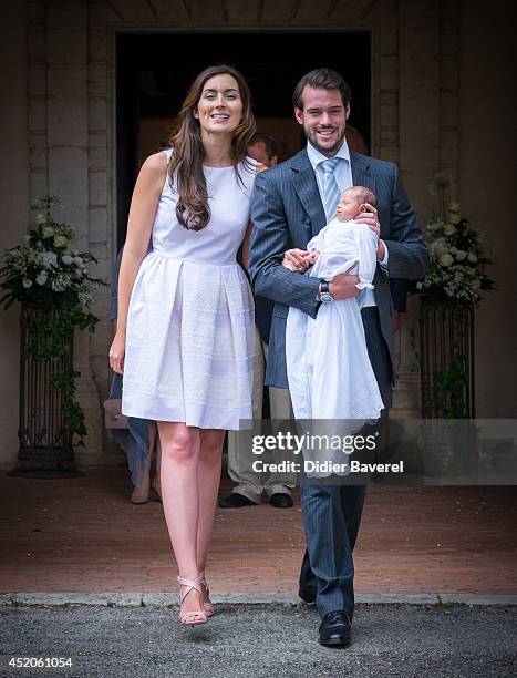 Prince Felix of Luxembourg and Princess Claire of Luxembourg pose with their daughter Princess Amalia of Luxembourg after her Christening ceremony,...