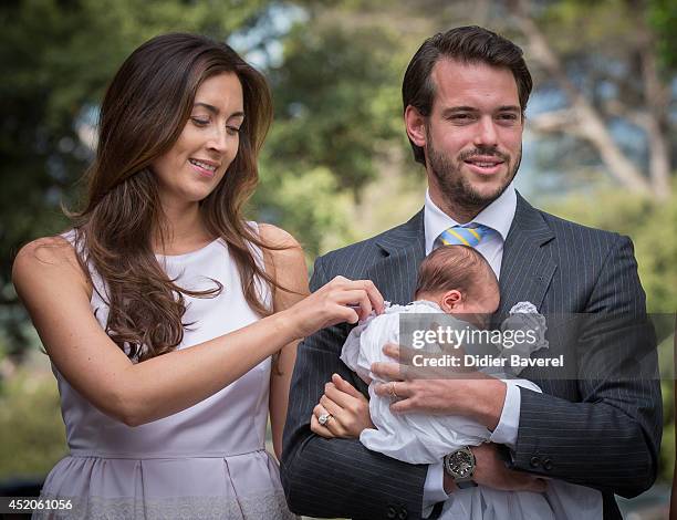 Prince Felix of Luxembourg and Princess Claire of Luxembourg pose with their daughter Princess Amalia of Luxembourg after her Christening ceremony,...