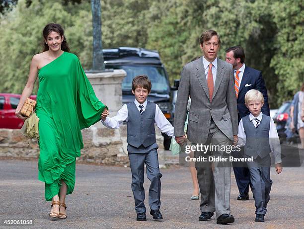 Prince Louis and Princess Tessy of Luxembourg with their children pose after the Christening ceremony of Princess Amalia at the Saint Ferreol Chapel...