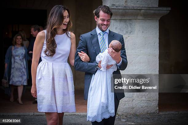 Prince Felix of Luxembourg and Princess Claire of Luxembourg pose with their daughter Princess Amalia of Luxembourg after her Christening ceremony,...