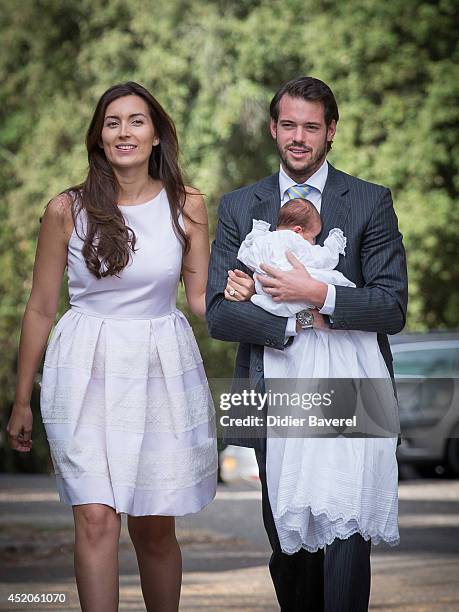 Prince Felix of Luxembourg and Princess Claire of Luxembourg pose with their daughter Princess Amalia of Luxembourg after her Christening ceremony,...