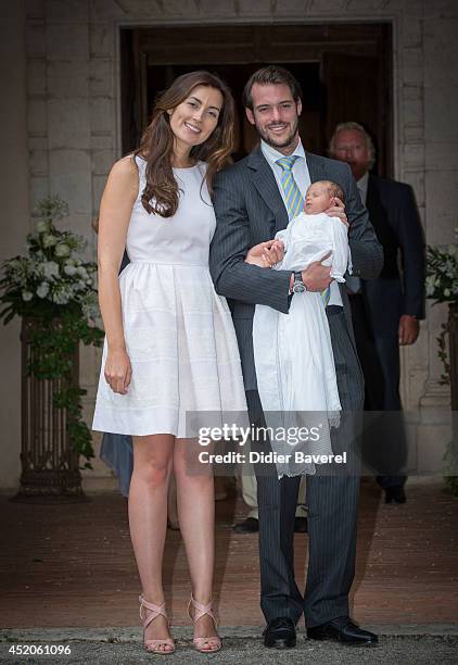 Prince Felix of Luxembourg and Princess Claire of Luxembourg pose with their daughter Princess Amalia of Luxembourg after her Christening ceremony,...