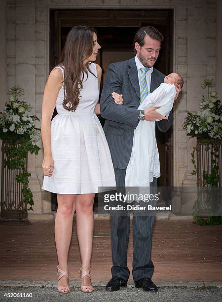 Prince Felix of Luxembourg and Princess Claire of Luxembourg pose with their daughter Princess Amalia of Luxembourg after her Christening ceremony,...