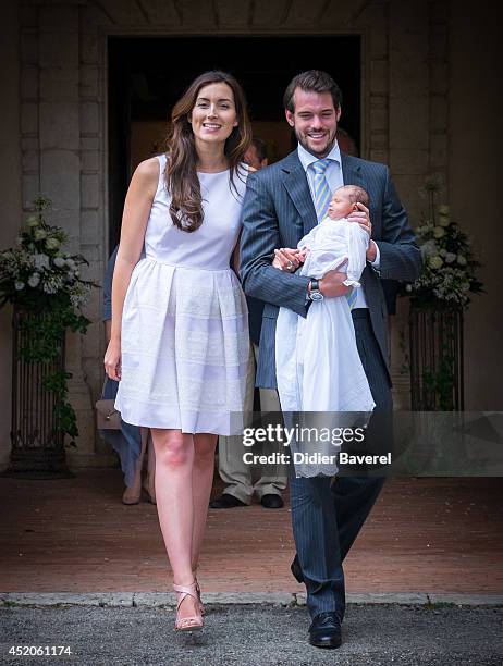 Prince Felix of Luxembourg and Princess Claire of Luxembourg pose with their daughter Princess Amalia of Luxembourg after her Christening ceremony,...