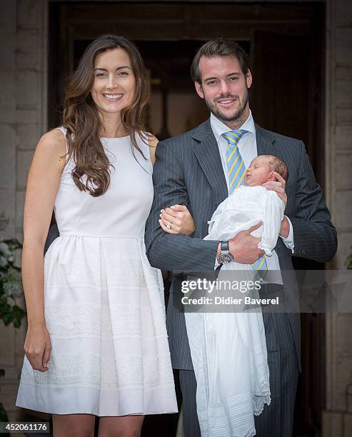 Prince Felix of Luxembourg and Princess Claire of Luxembourg pose with their daughter Princess Amalia of Luxembourg after her Christening ceremony,...