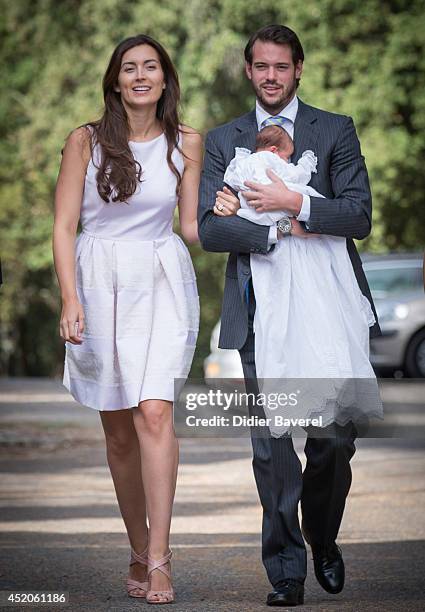 Prince Felix of Luxembourg and Princess Claire of Luxembourg pose with their daughter Princess Amalia of Luxembourg after her Christening ceremony,...