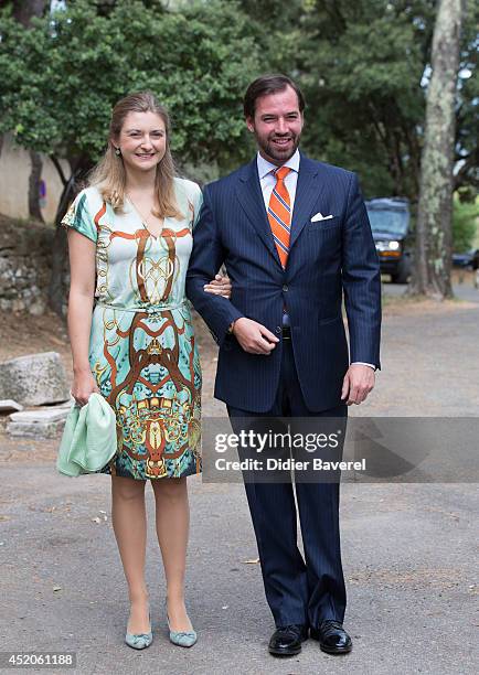 Hereditary Grand Duke Guillaume and Hereditary Grand Duchess Stephanie of Luxembourg arrive for the baptism ceremony of Princess Amalia at the Saint...