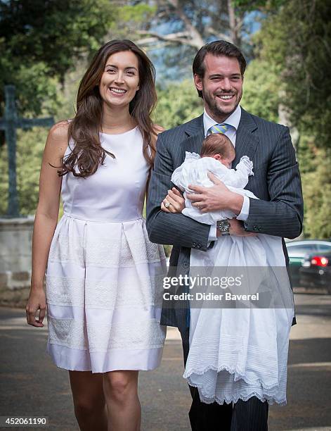 Prince Felix of Luxembourg and Princess Claire of Luxembourg pose with their daughter Princess Amalia of Luxembourg after her Christening ceremony,...