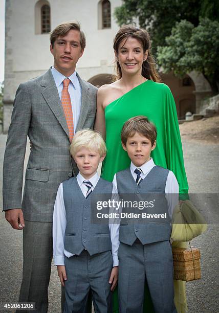 Prince Louis and Princess Tessy of Luxembourg with their children pose after the Christening ceremony of Princess Amalia at the Saint Ferreol Chapel...