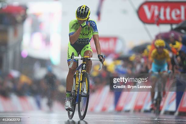 Alberto Contador of Spain and Tinkoff-Saxo puts in a late attack to gain seconds on current race leader Vincenzo Nibali of Italy and the Astana Pro...