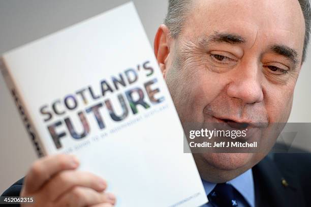Scottish First Minister Alex Salmond presents the White Paper for Scottish independance at the Science Museum Glasgow on November 26, 2013 in...