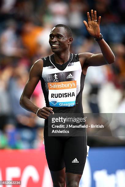 David Rudisha of Kenya celebrates after winning the Mens 800m during the IAAF Diamond League Day 2 at Hampden Park on July 12, 2014 in Glasgow,...