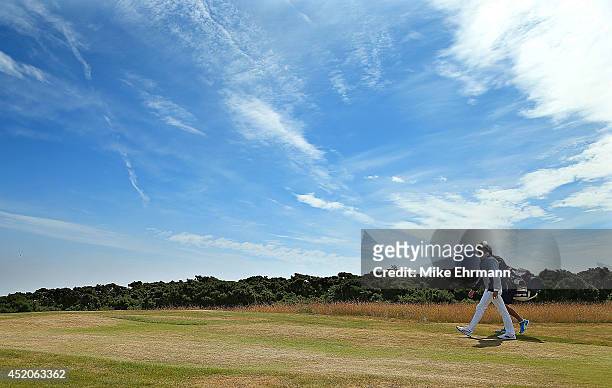 Rickie Fowler of the United States walks up the first hole during the third round of the 2014 Aberdeen Asset Management Scottish Open at Royal...