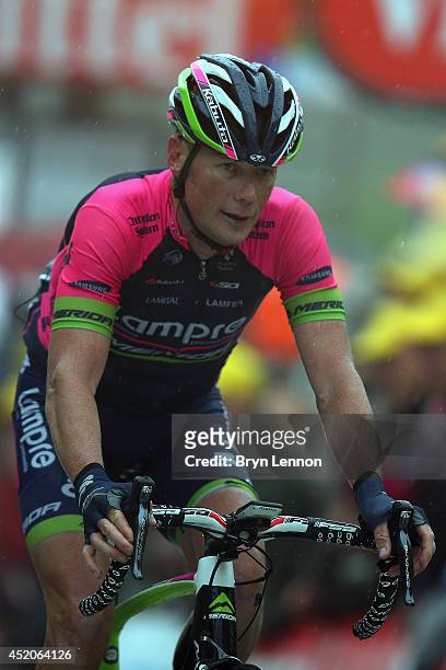 Chris Horner of the United States and Lampre-Merida crosses the finish line during the eighth stage of the 2014 Tour de France, a 161km stage between...