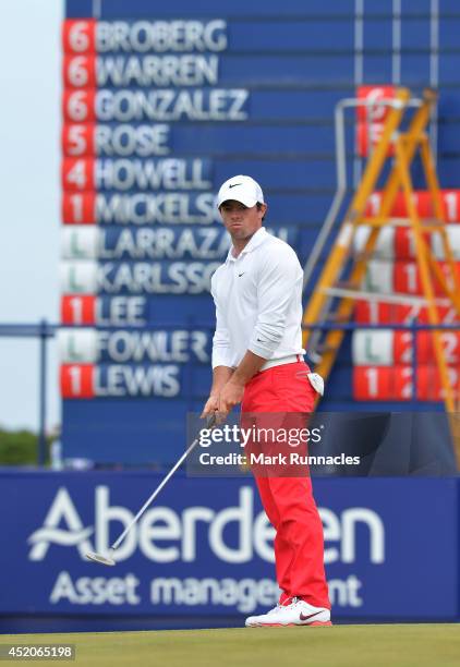 Rory McIlroy of Northern Ireland reacts on the 18th green during the Aberdeen Asset Management Scottish Open third round at Royal Aberdeen Golf Club...