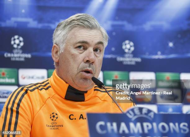 Head coach Carlo Ancelotti of Real Madrid attends a press conference ahead of their UEFA Champions League Group B match against Galatasaray at Ciudad...