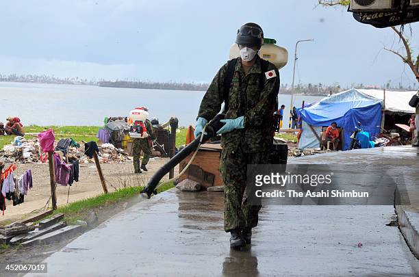 Members of the Japan Ground Self-Defense Force spray medicine at an evacuation center on November 26, 2013 in Tacloban, leyte, Philippines. Bodies...