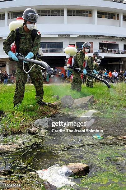 Members of the Japan Ground Self-Defense Force spray medicine at an evacuation center on November 26, 2013 in Tacloban, leyte, Philippines. Bodies...