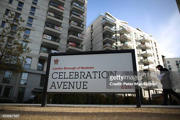 Road sign points the way to Celebration Avenue in the newly transformed East Village near the Olympic Stadium on November 26, 2013 in London,...