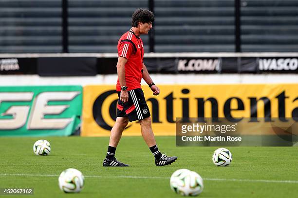 Head coach Joachim Loew of Germany looks on during the Germany training session, ahead of the 2014 FIFA World Cup Final, at Estadio Sao Januario on...