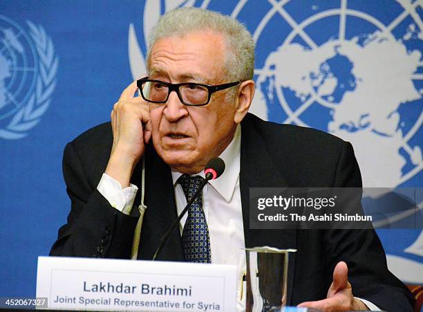 United Nations and Arab League Special Envoy to Syria Lakhdar Brahimi attends a press conference following talks in Geneva with high-ranking...