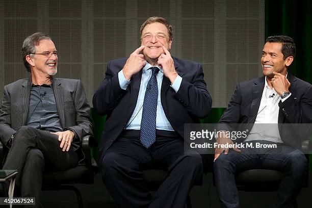 Writer/creator Garry Trudeau, actors John Goodman and Mark Consuelos speak onstage at the "Alpha House" panel during the Amazon Prime Instant Video...