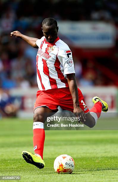 Bira Dembele of Stevenage in action during the Pre Season Friendly match between Stevenage and West Ham United at The Lamex Stadium on July 12, 2014...