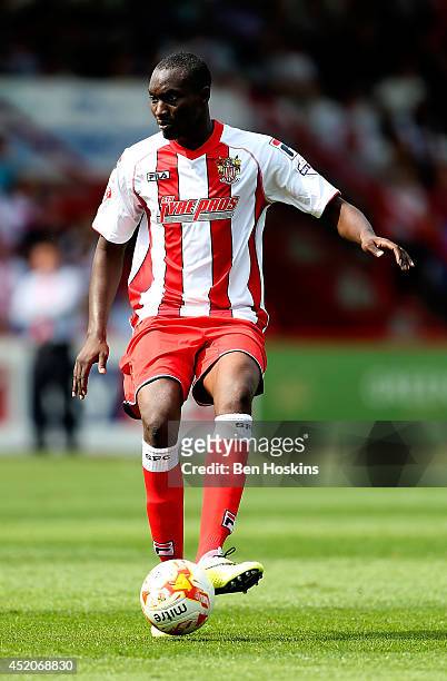 Bira Dembele of Stevenage in action during the Pre Season Friendly match between Stevenage and West Ham United at The Lamex Stadium on July 12, 2014...