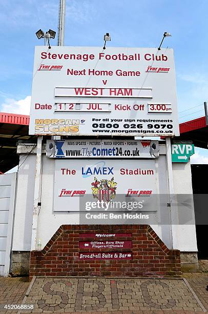 General view of the stadium prior to the Pre Season Friendly match between Stevenage and West Ham United at The Lamex Stadium on July 12, 2014 in...