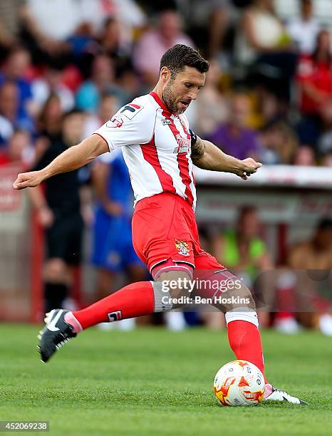 Jon Ashton of Stevenage in action during the Pre Season Friendly match between Stevenage and West Ham United at The Lamex Stadium on July 12, 2014 in...