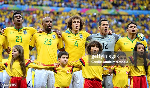 Jo, Maicon, David Luiz, Julio Cesar and Thiago Silva of Brazil sing the National Anthem prior to during the 2014 FIFA World Cup Brazil Third Place...