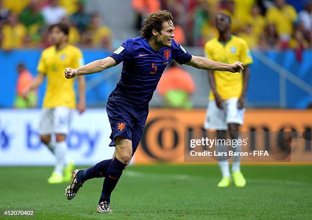 Daley Blind of the Netherlands celebrates scoring his team's second goal during the 2014 FIFA World Cup Brazil 3rd Place Playoff match between Brazil...