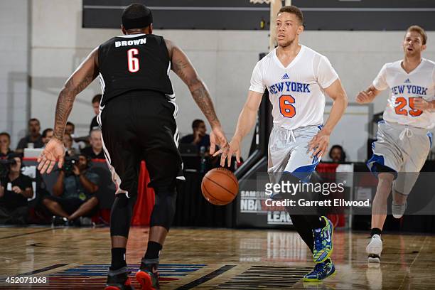 Brandon Triche of the New York Knick handles the ball against the Portland Trail Blazers at the Samsung NBA Summer League 2014 on July 12, 2014 at...
