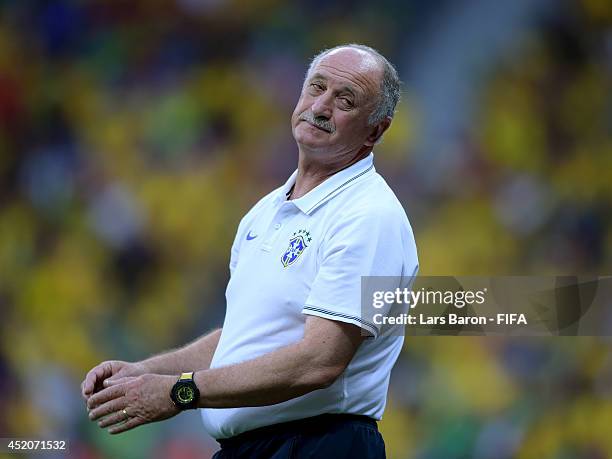 Head coach Luiz Felipe Scolari of Brazil looks on during the 2014 FIFA World Cup Brazil 3rd Place Playoff match between Brazil and Netherlands at...