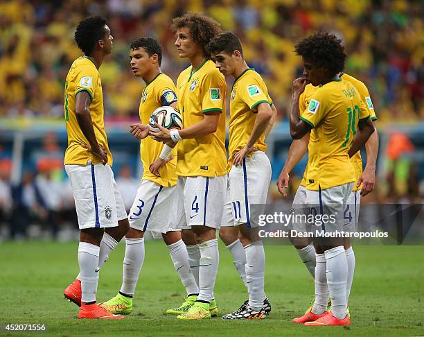 Jo, Thiago Silva, David Luiz, Oscar, Maxwell and Willian look on during the 2014 FIFA World Cup Brazil Third Place Playoff match between Brazil and...
