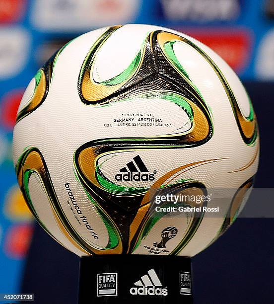 Detail of the adidas Brazuca final Rio match ball that will be used in the FIFA World Cup final during a press conference prior to the World Cup...