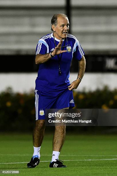 Alejandro Sabella, manager of Argentina looks on during the Argentina training session, ahead of the 2014 FIFA World Cup Final, at Estadio Sao...