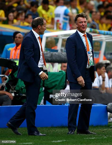 Head coach Louis van Gaal and assistant coach Danny Blind of the Netherlands look on during the 2014 FIFA World Cup Brazil Third Place Playoff match...