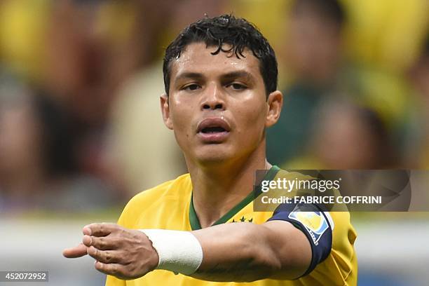 Brazil's defender and captain Thiago Silva reacts during the third place play-off football match between Brazil and Netherlands during the 2014 FIFA...