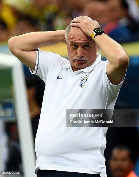 Head coach Luiz Felipe Scolari of Brazil reacts during the 2014 FIFA World Cup Brazil Third Place Playoff match between Brazil and the Netherlands at...