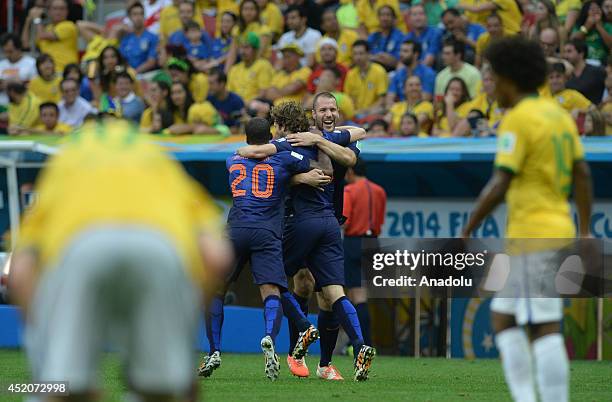 Daley Blind of Netherlands celebrates scoring a goal during the 2014 FIFA World Cup Brazil Third Place Playoff match between Brazil and the...