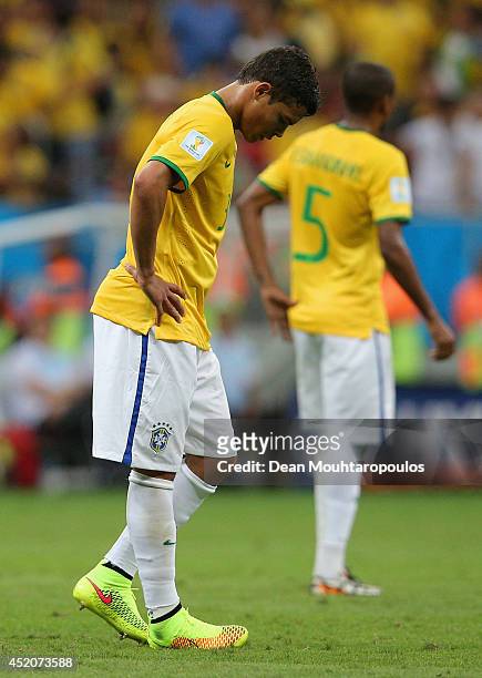 Dejected Hulk of Brazil looks on after a 3-0 defeat to the Netherlands during the 2014 FIFA World Cup Brazil Third Place Playoff match between Brazil...