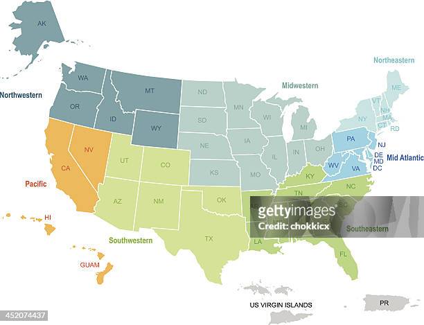 usa map in zones and its territories - usa stock illustrations