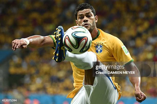 Brazil's forward Hulk controls the ball during the third place play-off football match between Brazil and Netherlands during the 2014 FIFA World Cup...