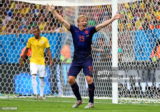 Dirk Kuyt of the Netherlands reacts during the 2014 FIFA World Cup Brazil 3rd Place Playoff match between Brazil and Netherlands at Estadio Nacional...