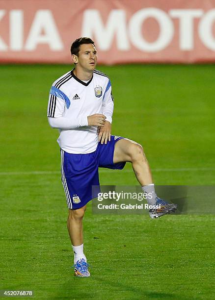 Lionel Messi of Argentina during a training session prior to the World Cup final match between Argentina and Germany at Sao Januario Stadium on July...