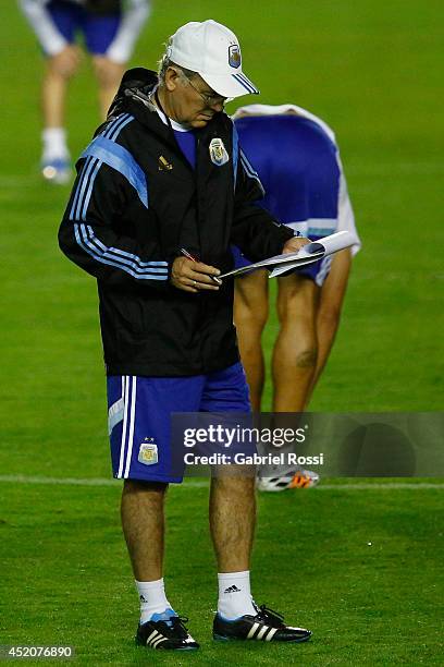 Head Coach Alejandro Sabella of Argentina during a training session prior to the World Cup final match between Argentina and Germany at Sao Januario...