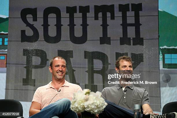 Writer/creators Trey Parker and Matt Stone speak onstage at the "South Park" panel during the Hulu portion of the 2014 Summer Television Critics...