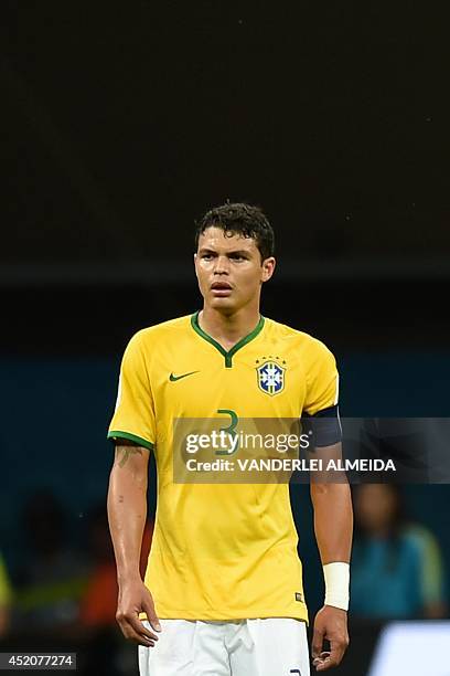 Brazil's defender and captain Thiago Silva reacts at the end of the third place play-off football match between Brazil and Netherlands during the...