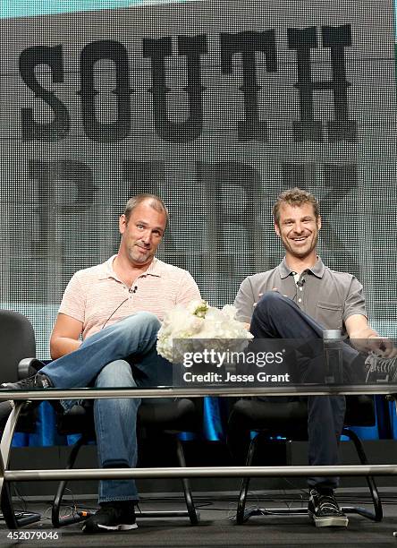 Writer/creators Trey Parker and Matt Stone speak onstage during the 'South Park' panel at Hulu's TCA Presentation at The Beverly Hilton Hotel on July...